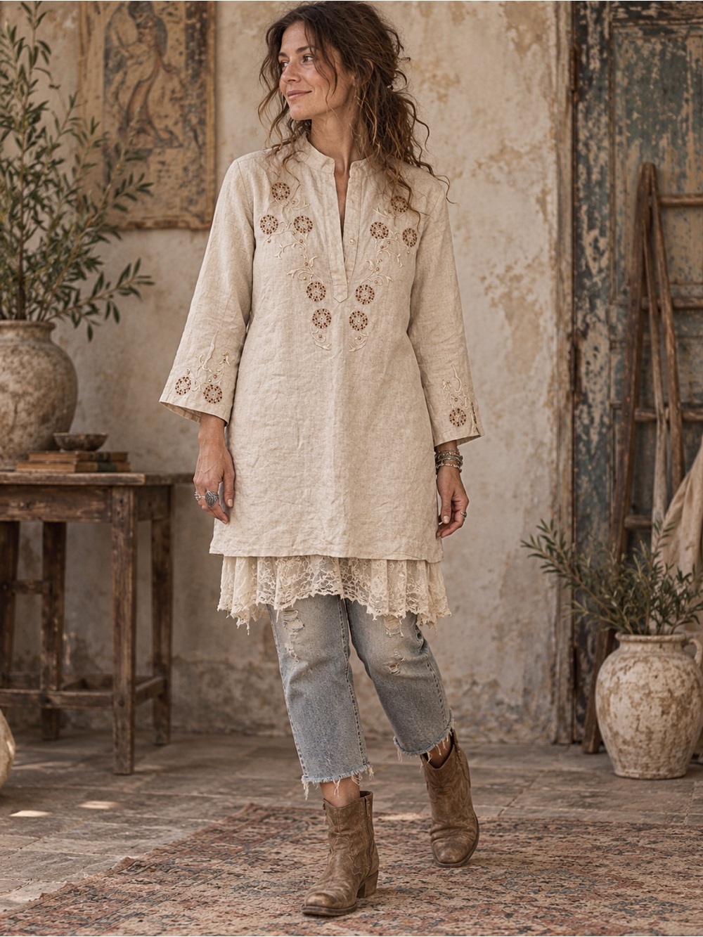 Edward Irish Linen Tunic Top Womens M Beige 3/4 Sleeve Embroidered Beaded